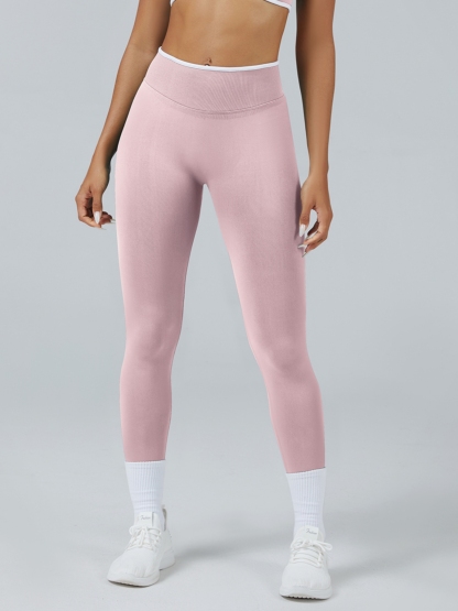 Women Contrast White Trim High Waist Seamless Yoga Leggings Tummy Control Stretch Fitness Workout Pants