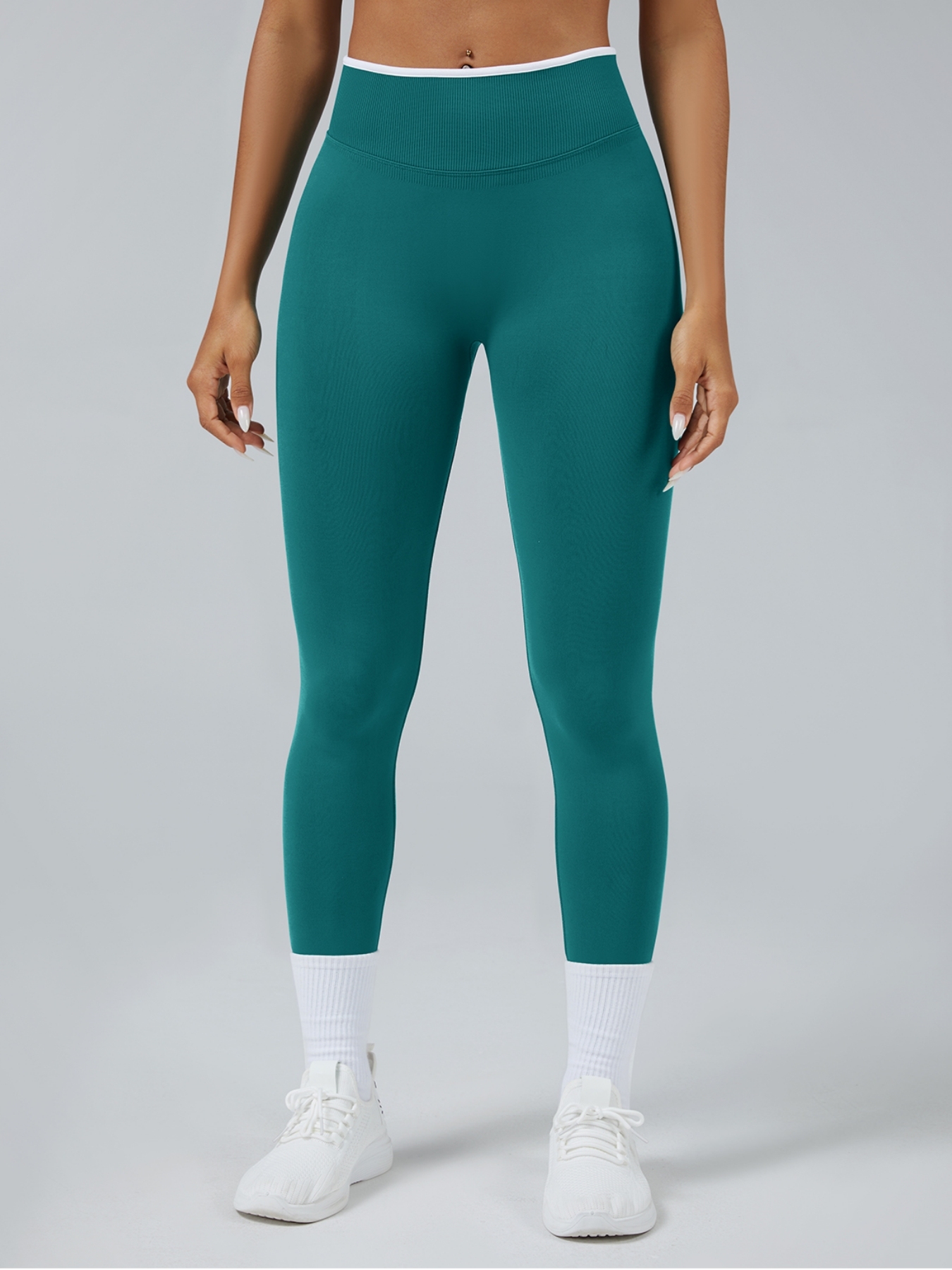 Women Contrast White Trim High Waist Seamless Yoga Leggings Tummy Control Stretch Fitness Workout Pants