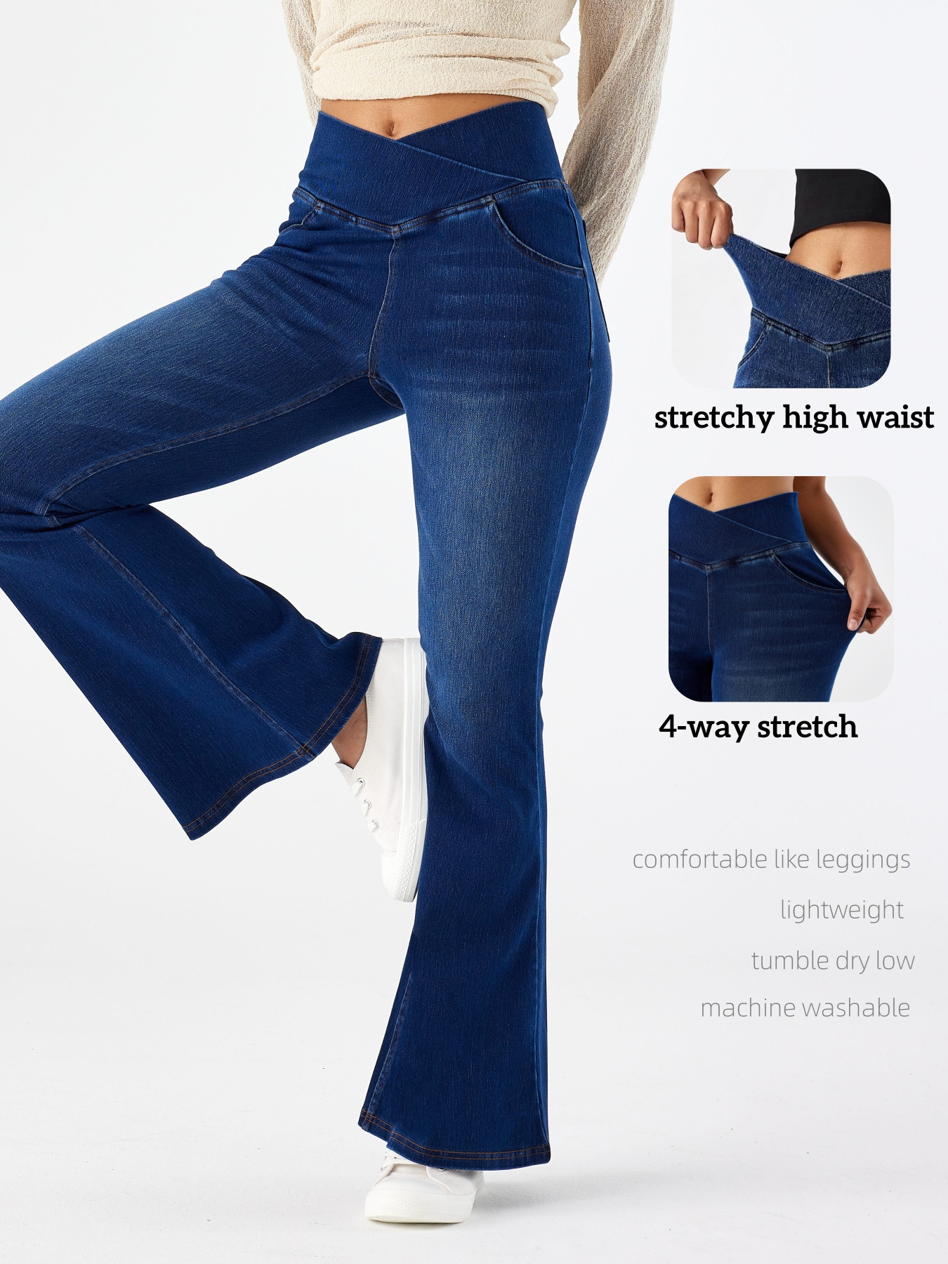 Women Cross V Crossover High Waist Flared Bootcut Jeans With Side Pockets Casual Long Pants