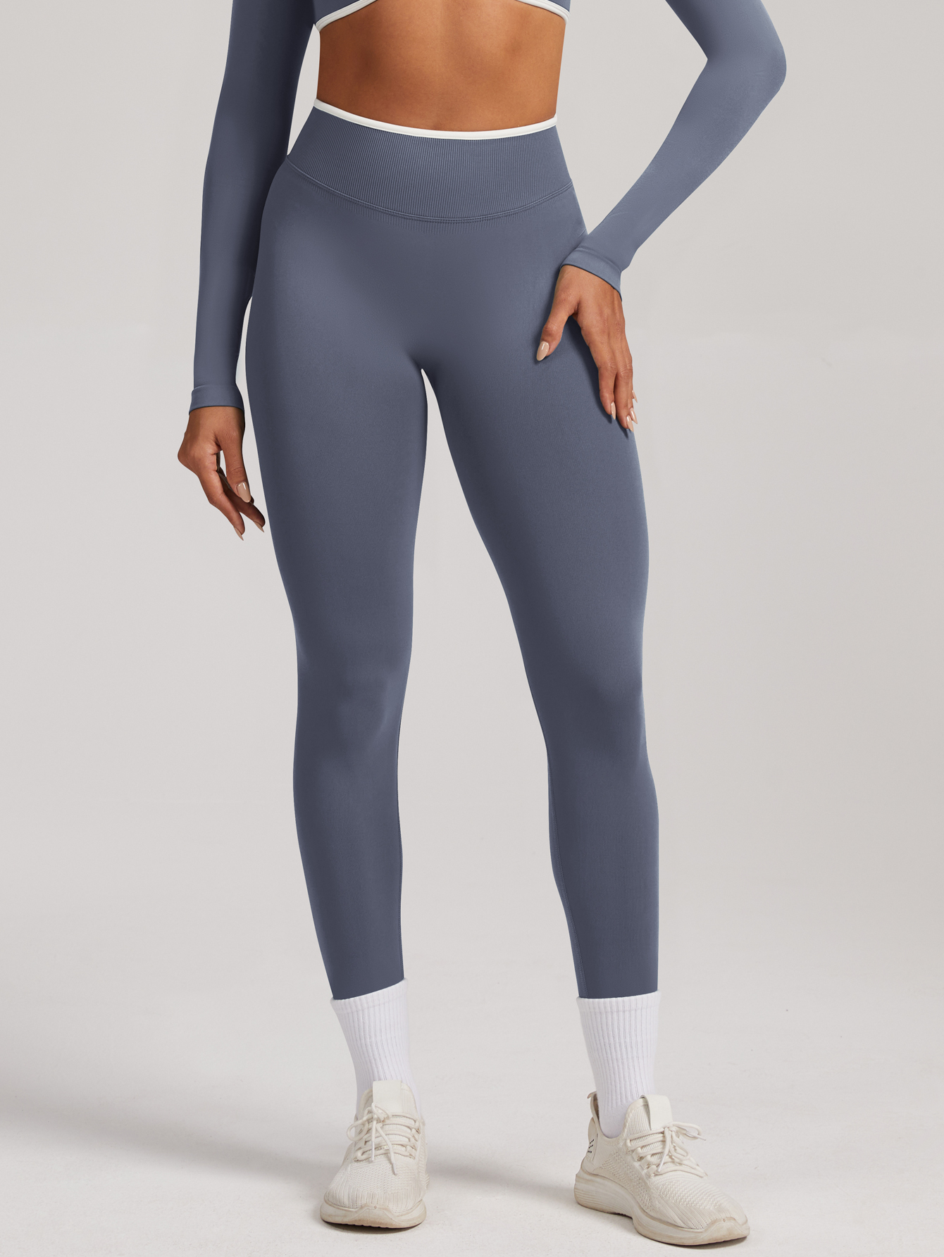Women Contrast White Trim High Waist Seamless Yoga Leggings Tummy Control Stretch Fitness Workout Pants