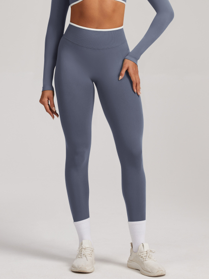 Women Contrast White Trim High Waist Seamless Yoga Leggings Tummy Control Stretch Fitness Workout Pants