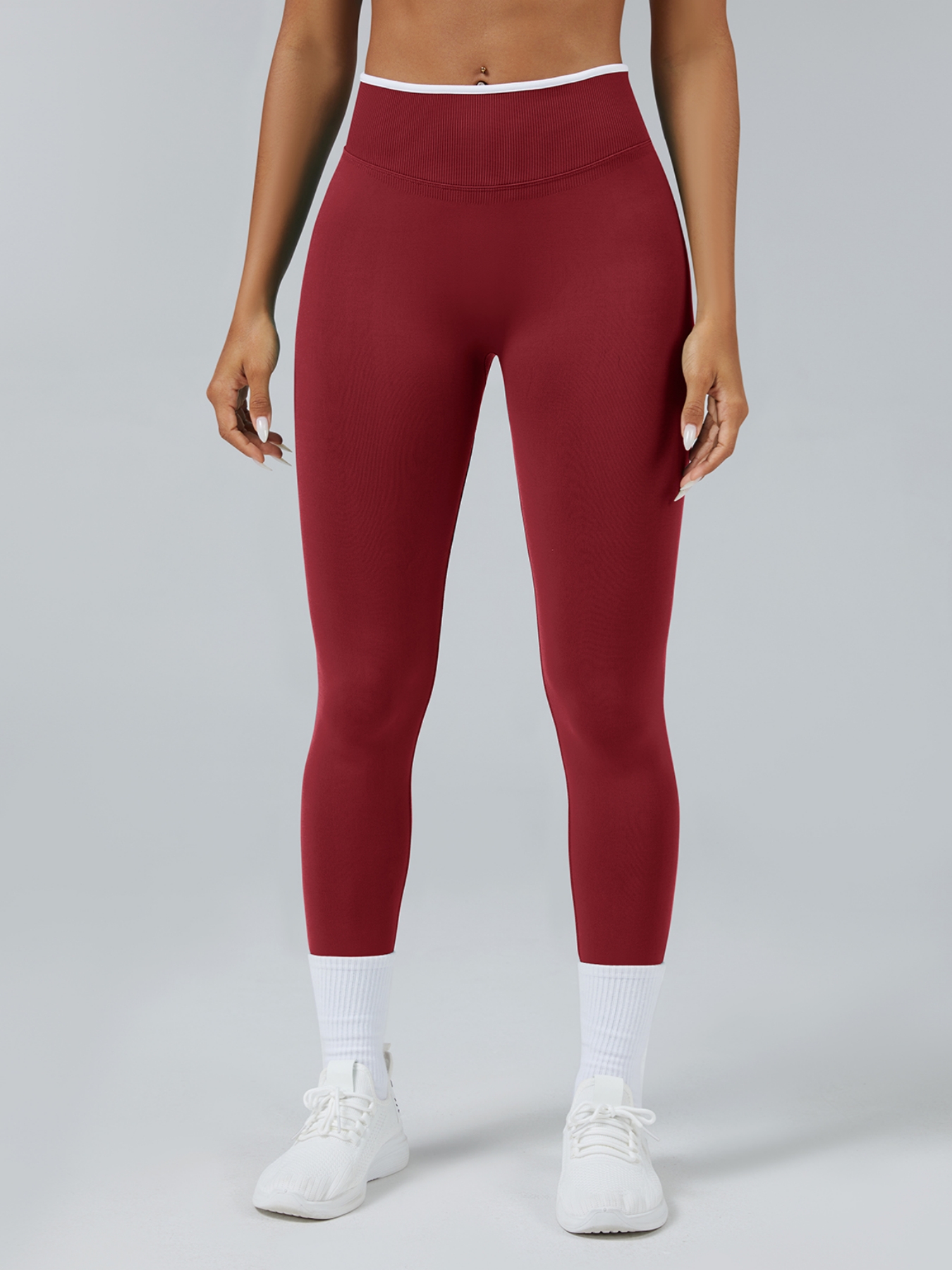 Women Contrast White Trim High Waist Seamless Yoga Leggings Tummy Control Stretch Fitness Workout Pants