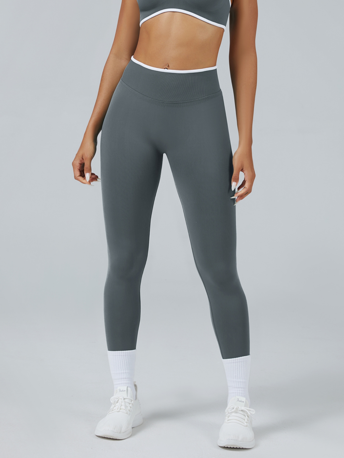 Women Contrast White Trim High Waist Seamless Yoga Leggings Tummy Control Stretch Fitness Workout Pants