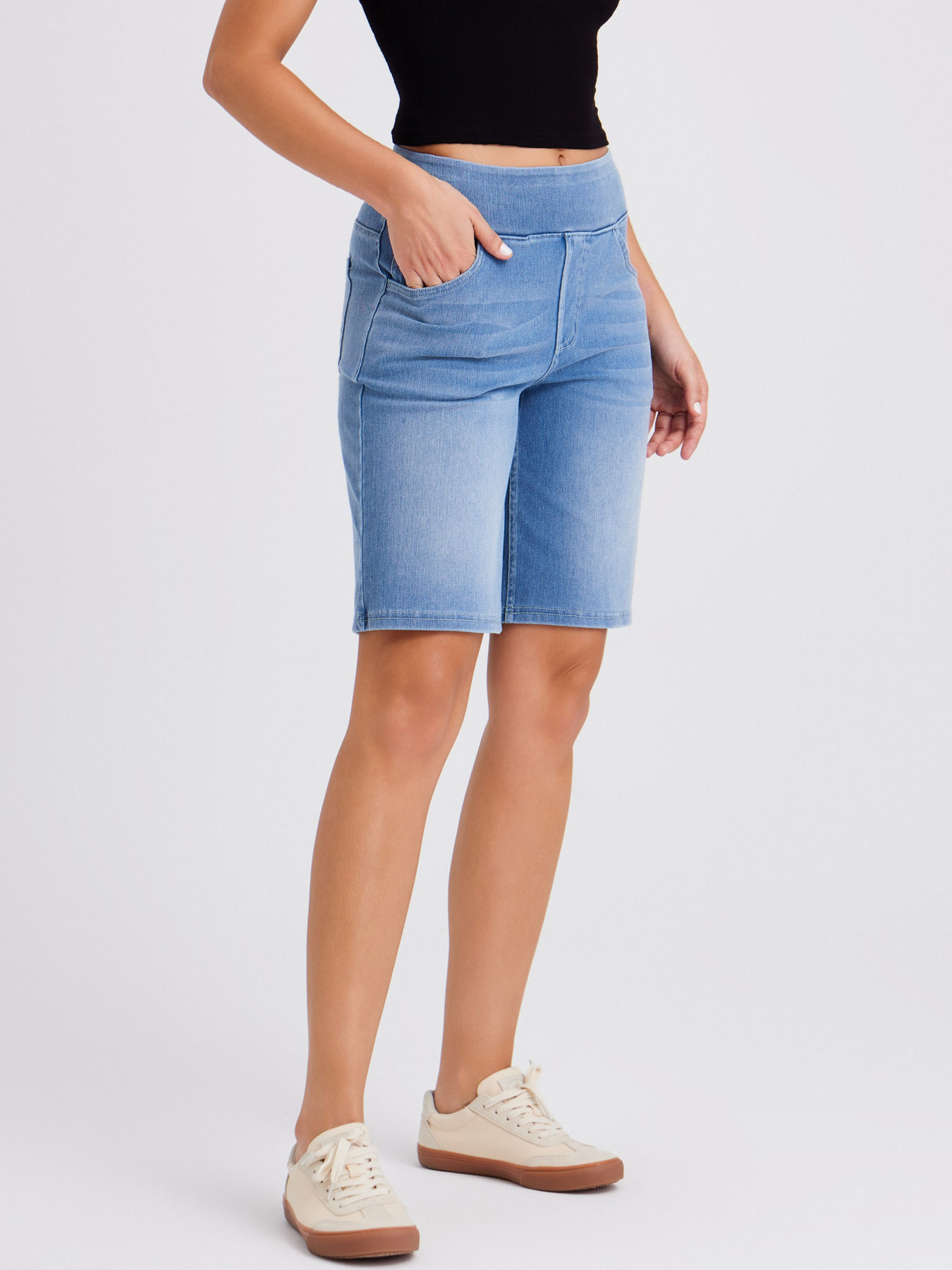 Women Wide Elastic High Waist Bermuda Denim Shorts Functional Pockets Knee Length Casual Walking Shorts