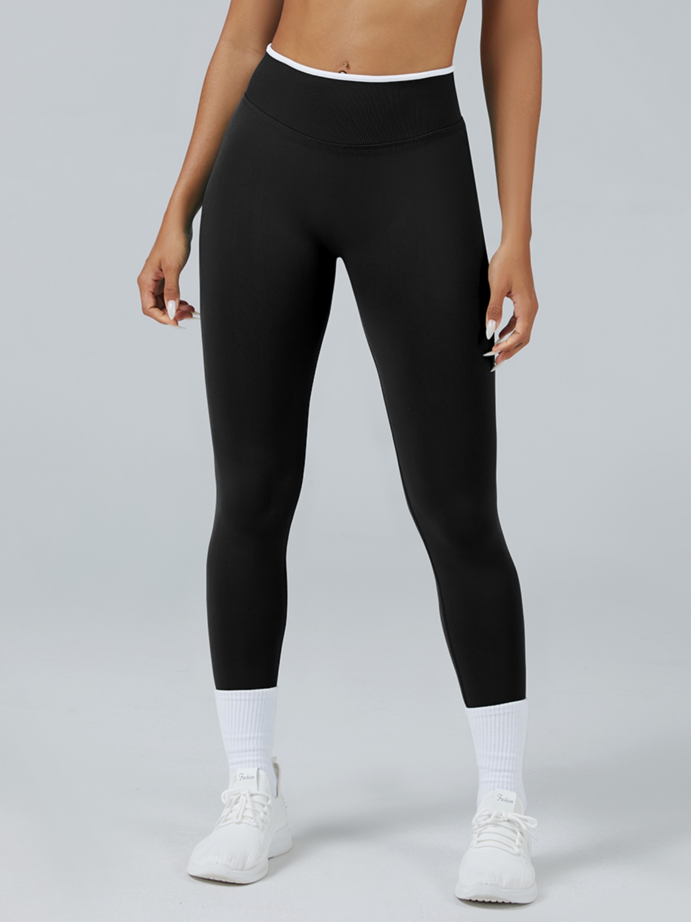 Women Contrast White Trim High Waist Seamless Yoga Leggings Tummy Control Stretch Fitness Workout Pants