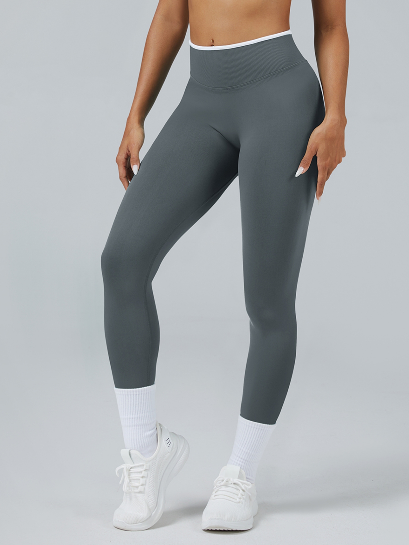 Women Contrast White Trim High Waist Seamless Yoga Leggings Tummy Control Stretch Fitness Workout Pants