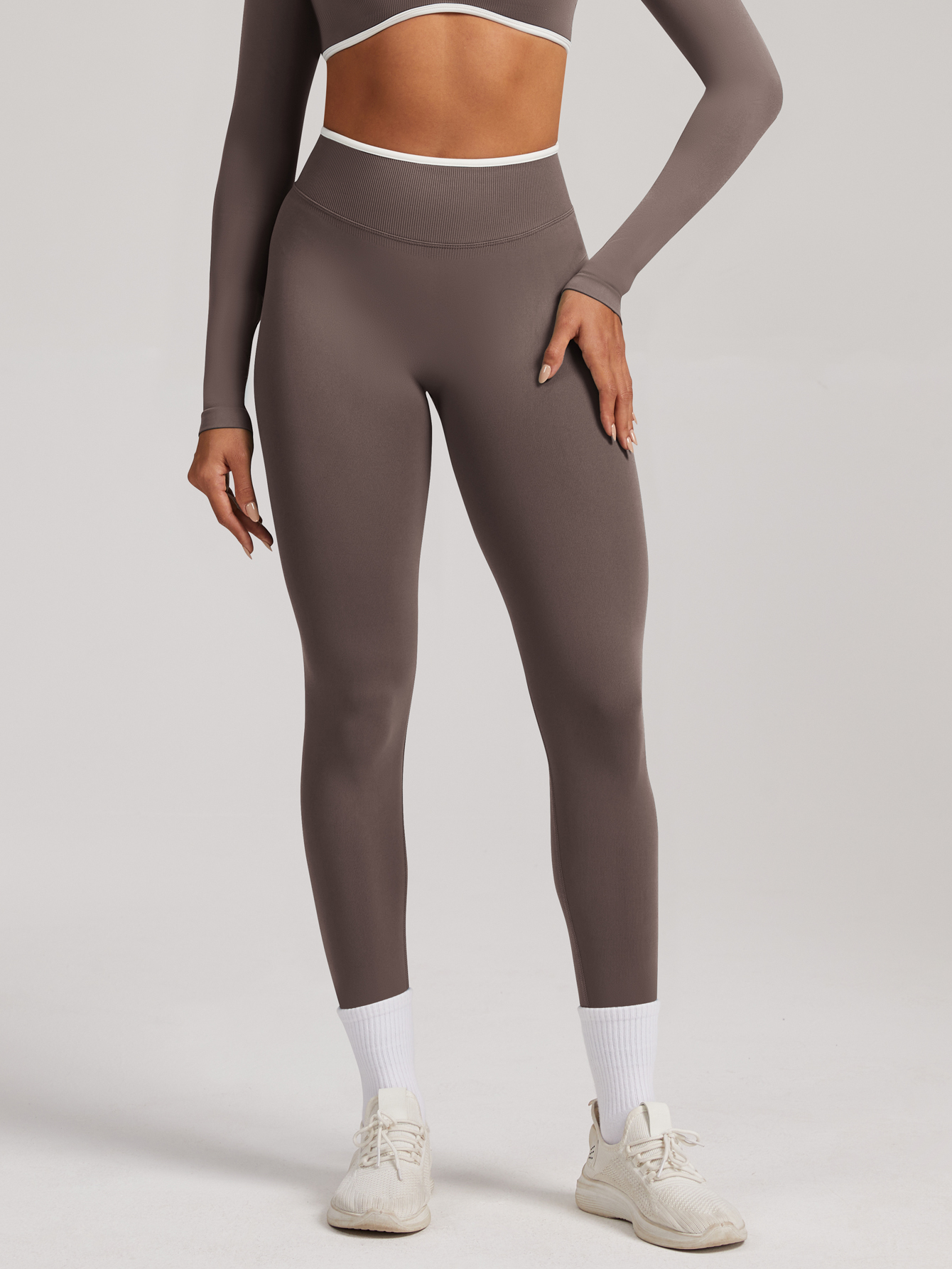 Women Contrast White Trim High Waist Seamless Yoga Leggings Tummy Control Stretch Fitness Workout Pants