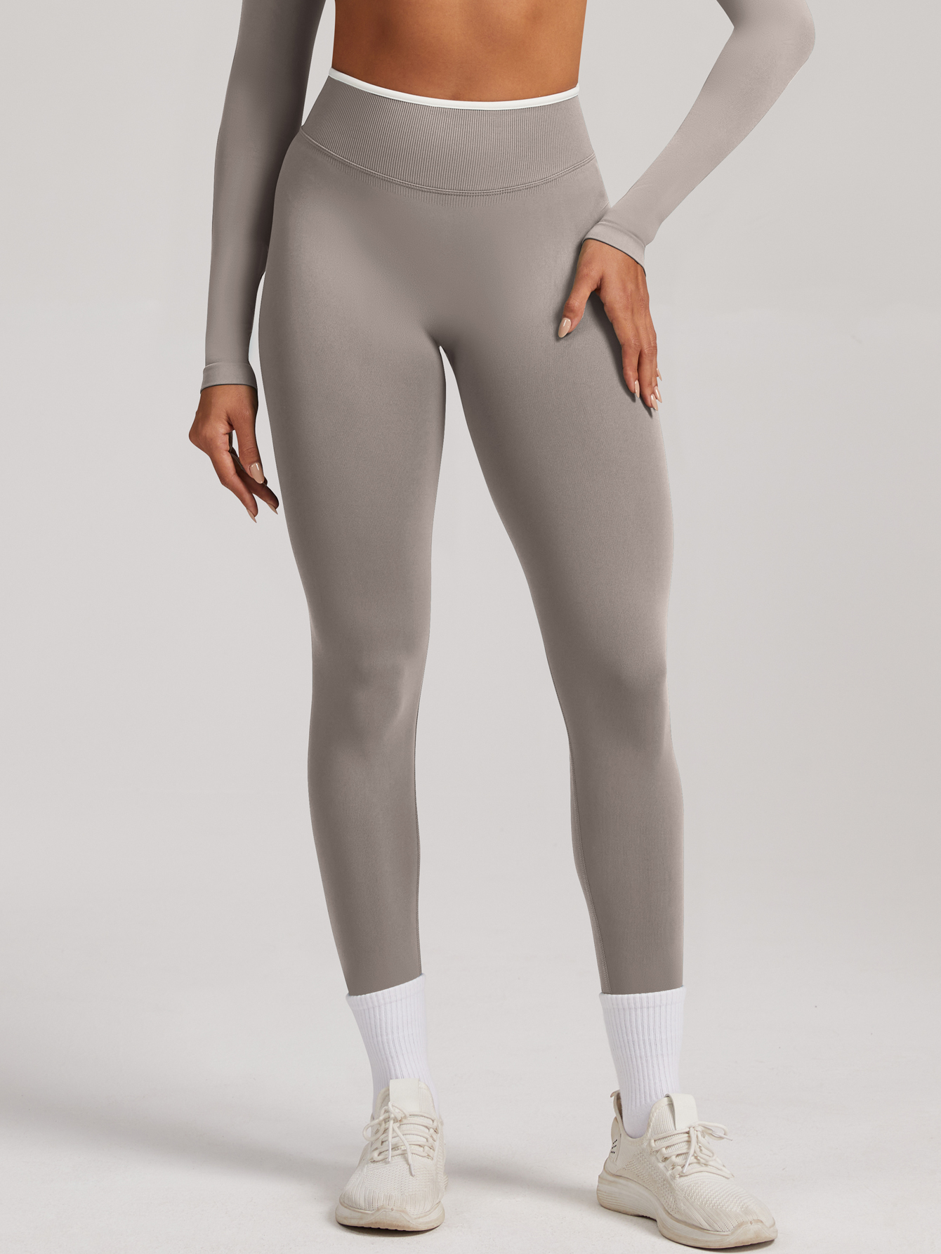 Women Contrast White Trim High Waist Seamless Yoga Leggings Tummy Control Stretch Fitness Workout Pants