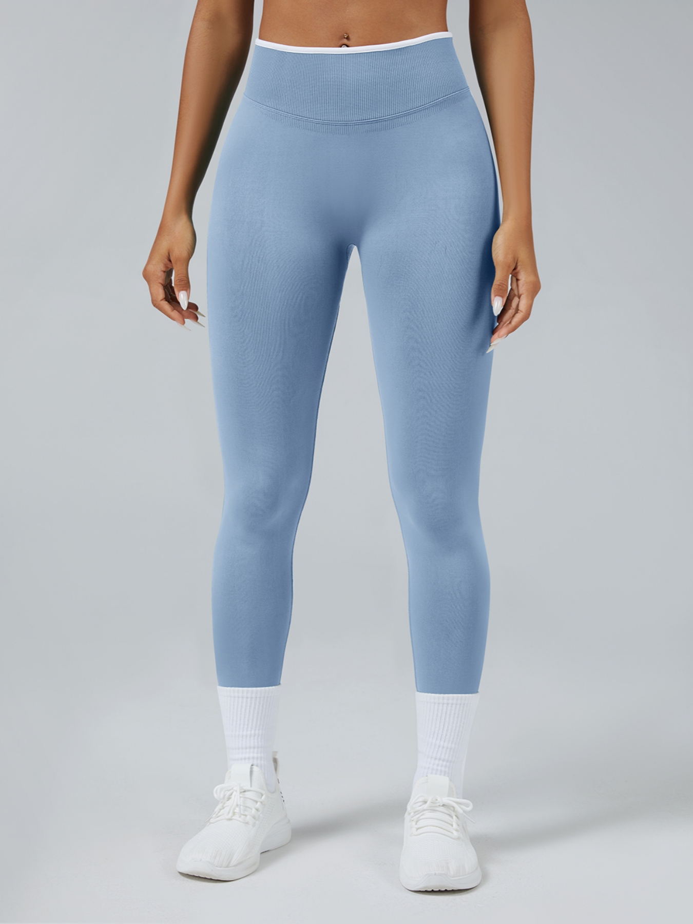 Women Contrast White Trim High Waist Seamless Yoga Leggings Tummy Control Stretch Fitness Workout Pants