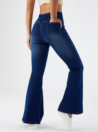 Women Cross V Crossover High Waist Flared Bootcut Jeans With Side Pockets Casual Long Pants