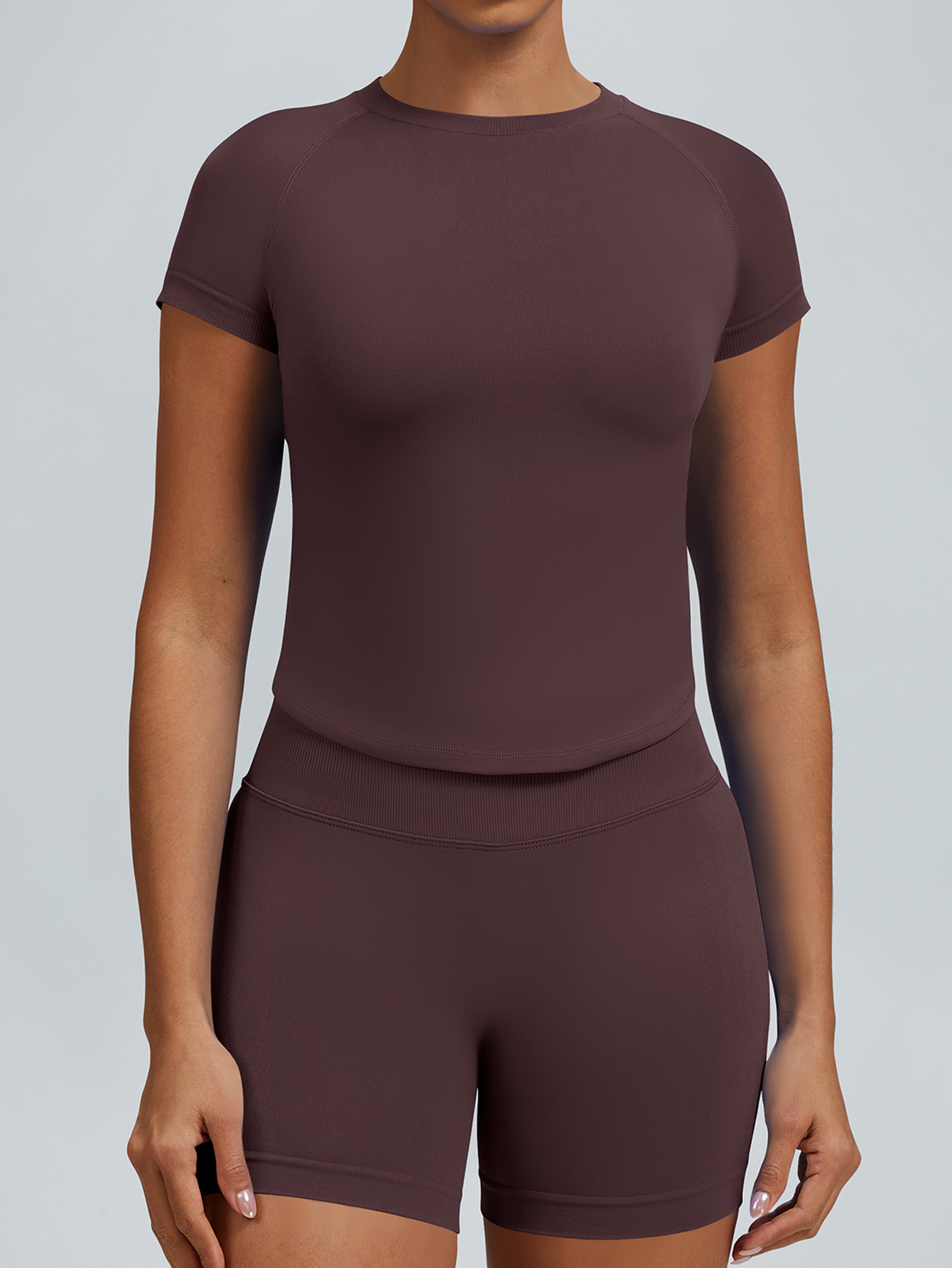 Women Raglan Short Sleeve Crew Neck Crop Top High Waist Biker Shorts 2 Piece Yoga Workout Active Set