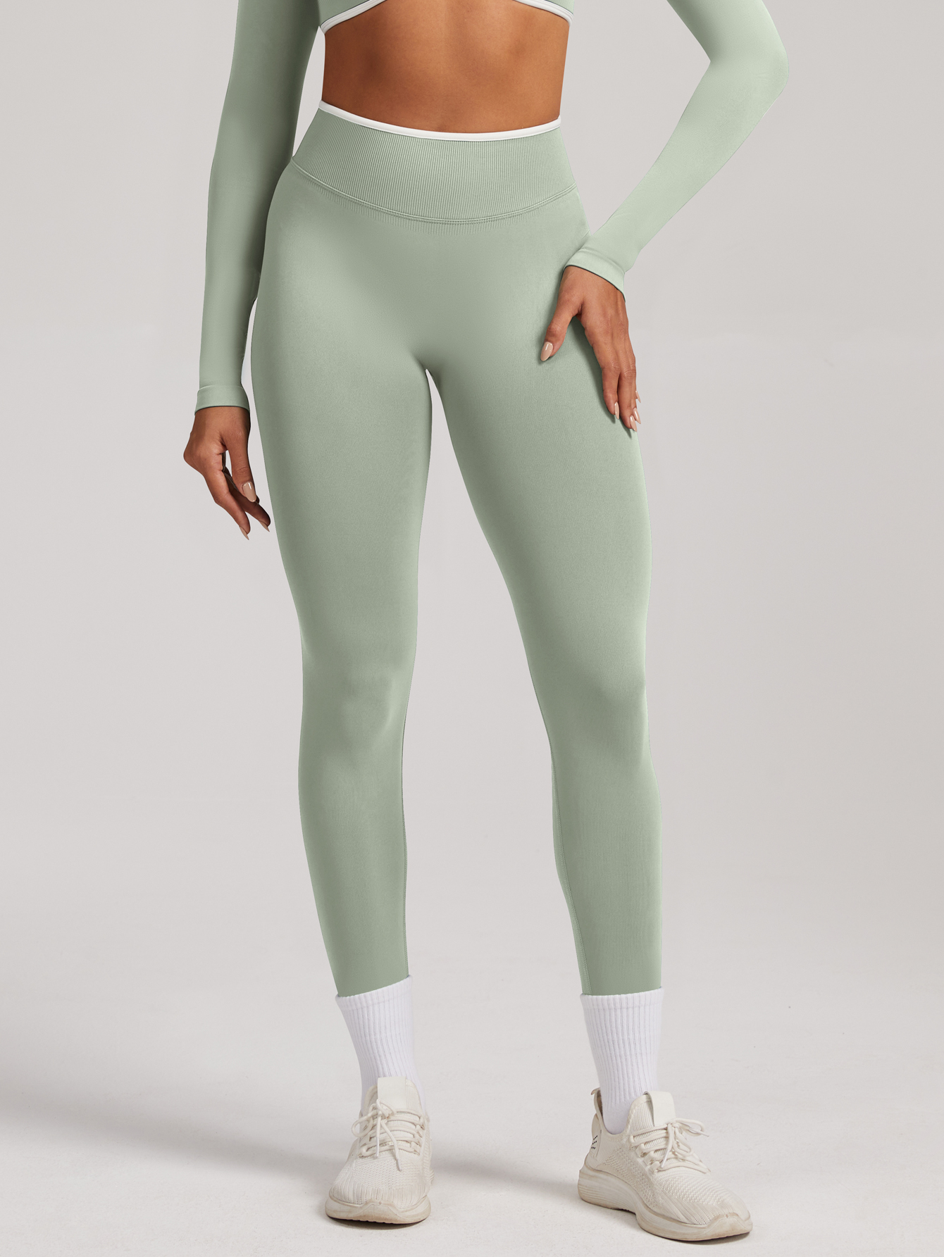 Women Contrast White Trim High Waist Seamless Yoga Leggings Tummy Control Stretch Fitness Workout Pants