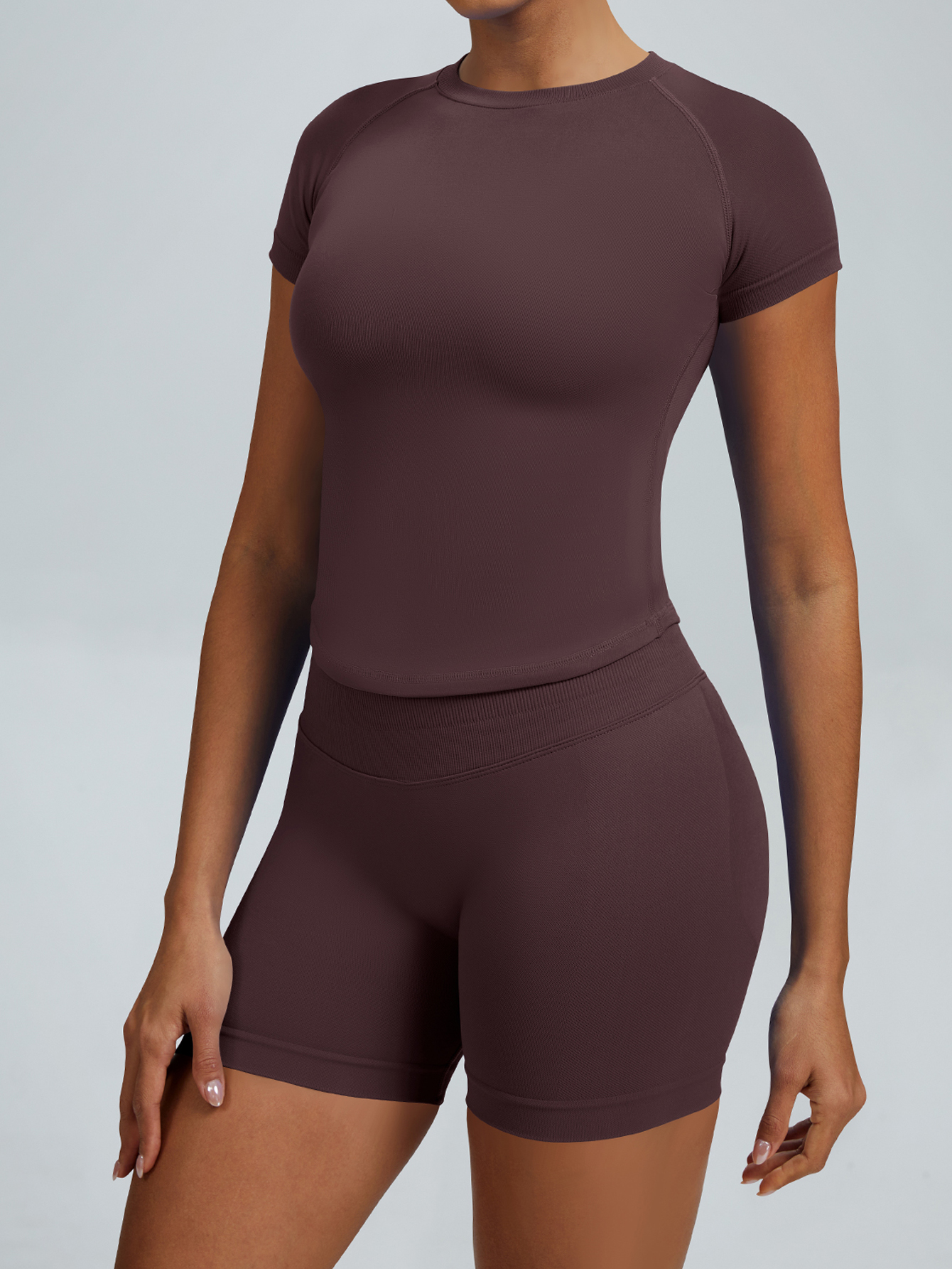 Women Raglan Short Sleeve Crew Neck Crop Top High Waist Biker Shorts 2 Piece Yoga Workout Active Set