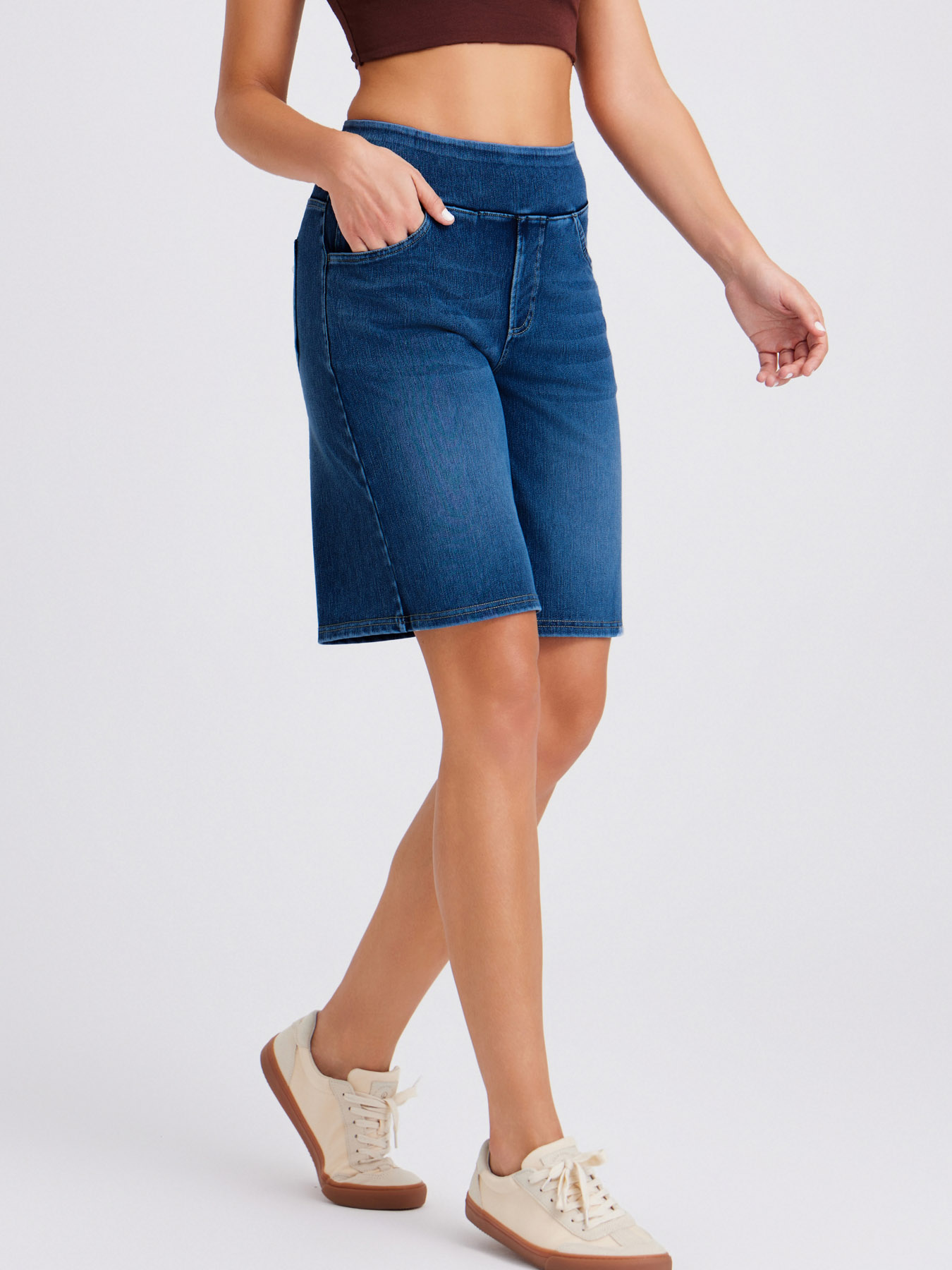 Women Wide Elastic High Waist Bermuda Denim Shorts Functional Pockets Knee Length Casual Walking Shorts