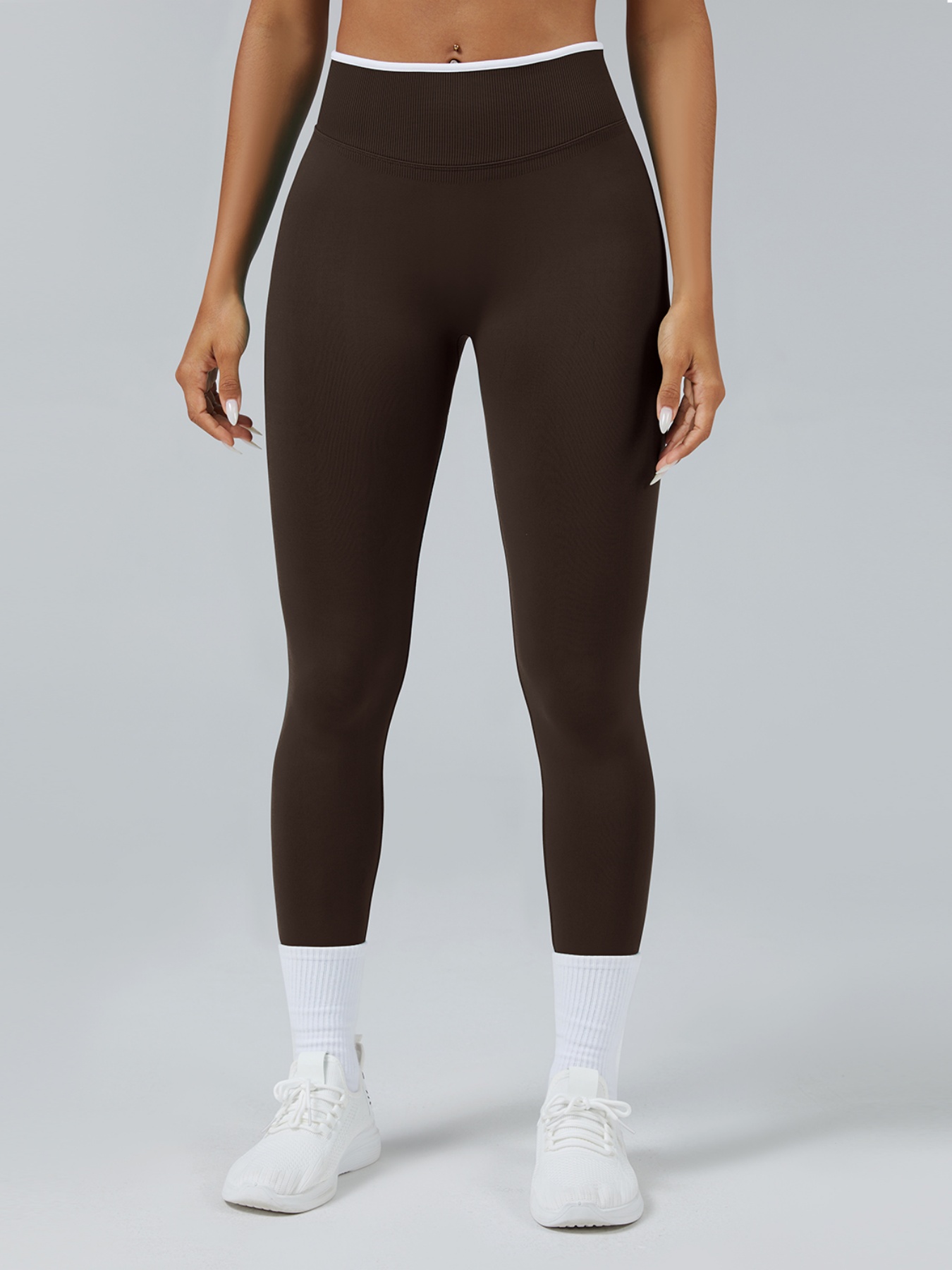 Women Contrast White Trim High Waist Seamless Yoga Leggings Tummy Control Stretch Fitness Workout Pants