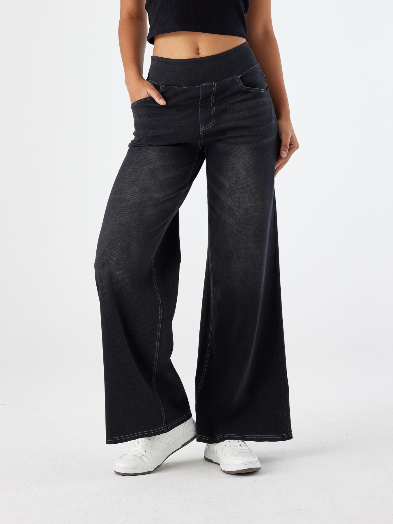 Light Wash High Waist Pull-On Wide Leg Jeans for Women - Stretchy Comfort Denim Pants