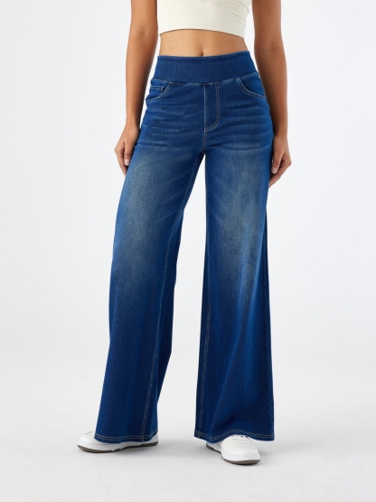 Light Wash High Waist Pull-On Wide Leg Jeans for Women - Stretchy Comfort Denim Pants