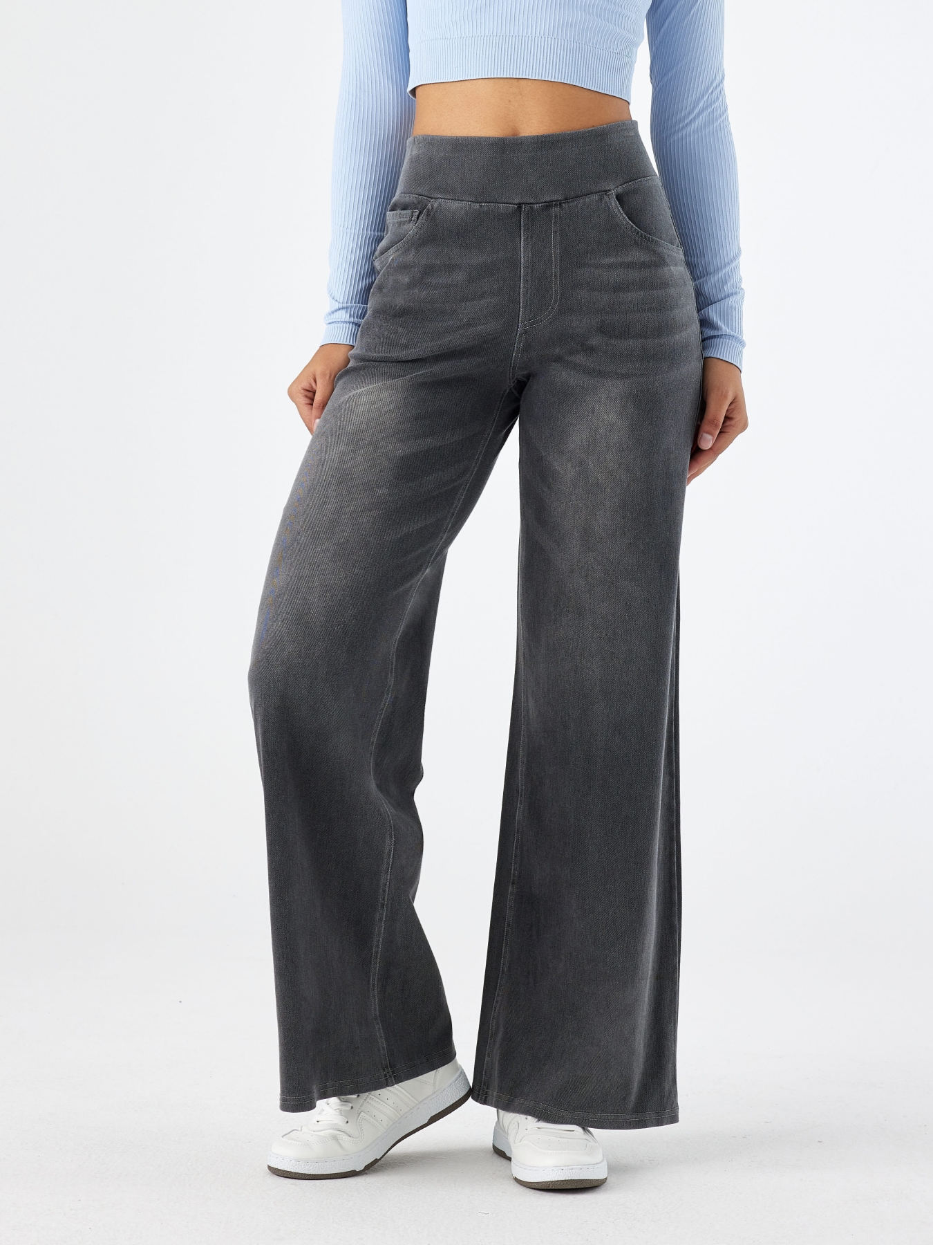 Light Wash High Waist Pull-On Wide Leg Jeans for Women - Stretchy Comfort Denim Pants