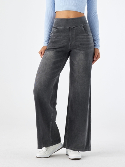 Light Wash High Waist Pull-On Wide Leg Jeans for Women - Stretchy Comfort Denim Pants