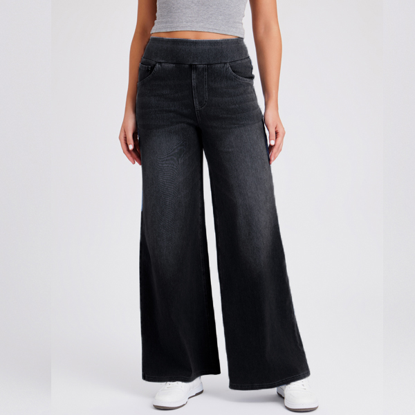 Light Wash High Waist Pull-On Wide Leg Jeans for Women - Stretchy Comfort Denim Pants