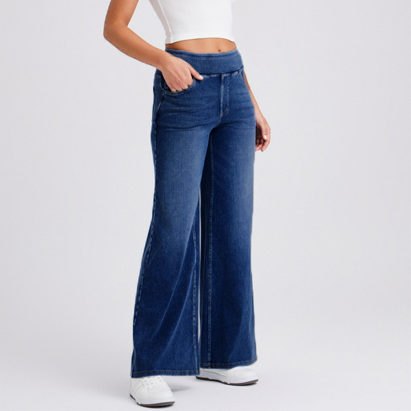 Light Wash High Waist Pull-On Wide Leg Jeans for Women - Stretchy Comfort Denim Pants