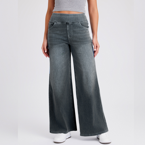 Light Wash High Waist Pull-On Wide Leg Jeans for Women - Stretchy Comfort Denim Pants