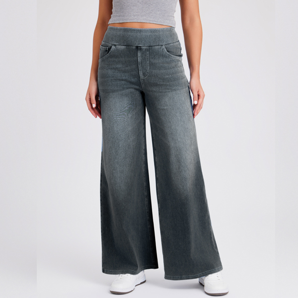 Light Wash High Waist Pull-On Wide Leg Jeans for Women - Stretchy Comfort Denim Pants