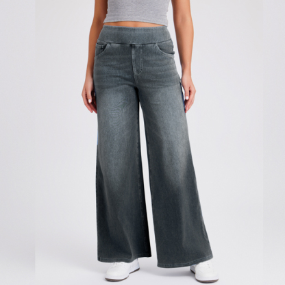 Light Wash High Waist Pull-On Wide Leg Jeans for Women - Stretchy Comfort Denim Pants