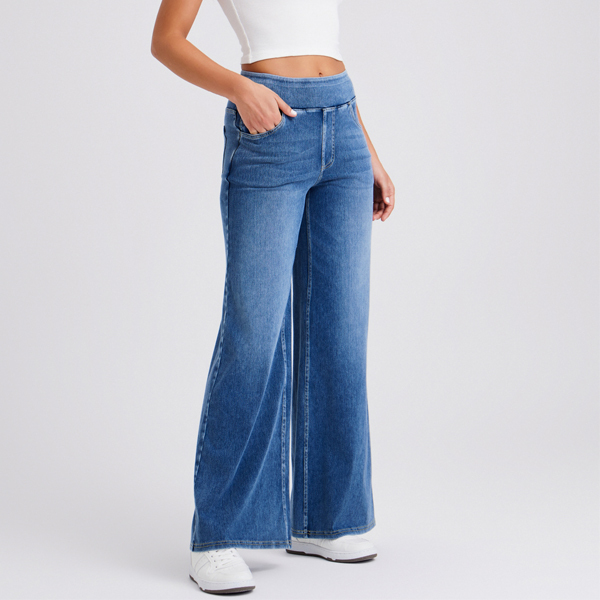 Light Wash High Waist Pull-On Wide Leg Jeans for Women - Stretchy Comfort Denim Pants
