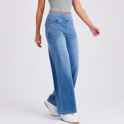 Light Wash High Waist Pull-On Wide Leg Jeans for Women - Stretchy Comfort Denim Pants