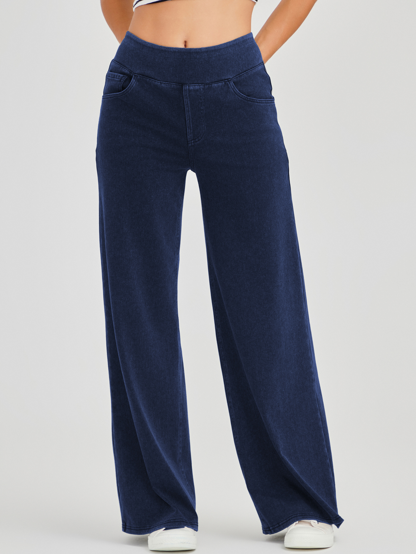 Light Wash High Waist Pull-On Wide Leg Jeans for Women - Stretchy Comfort Denim Pants
