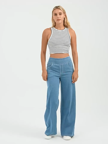 Light Wash High Waist Pull-On Wide Leg Jeans for Women - Stretchy Comfort Denim Pants