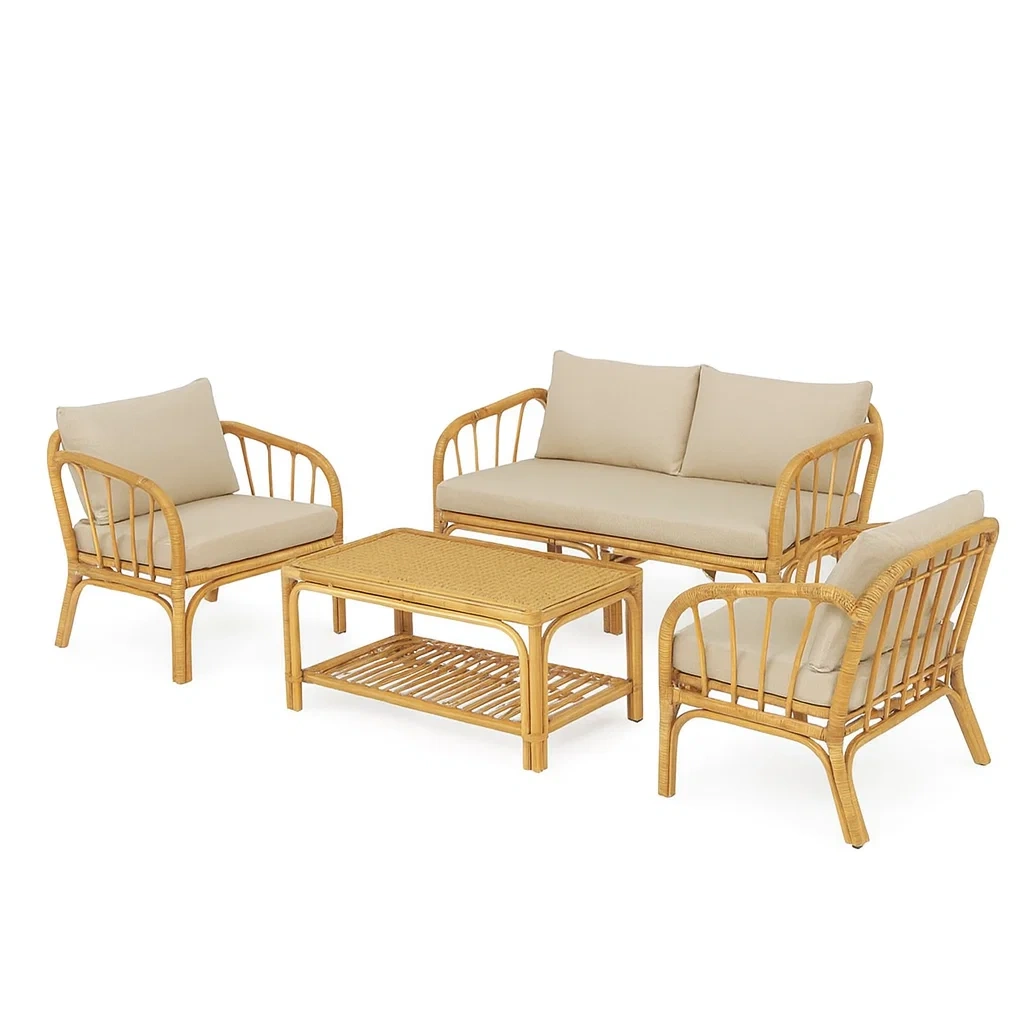 Conversation set 4 Piece Rattan Sofa with Beige Cushions-Furnixio