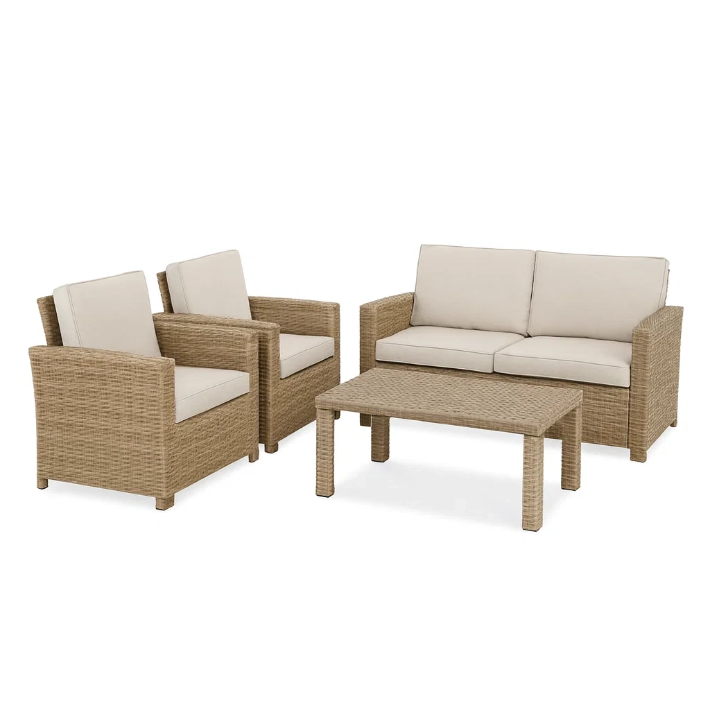 Conversation set 4-Piece Rattan Garden Furniture Natural Rattan with Beige Cushions-Furnixio