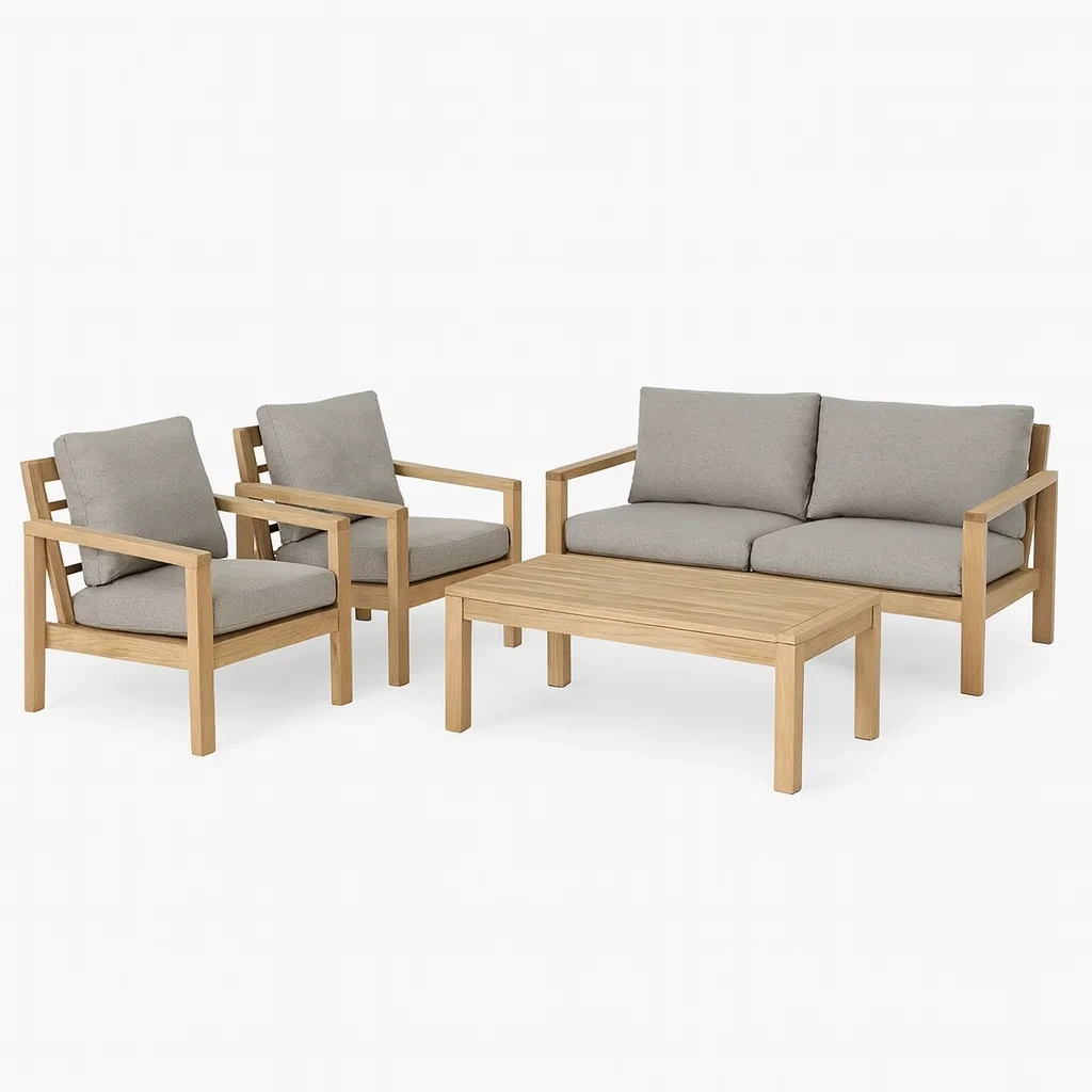 Conversation set Outdoor Wooden Furniture with Cushions Teak Frame Grey Fabric-Furnixio