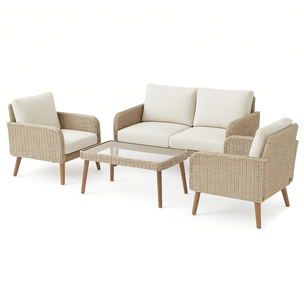 Conversation set Rattan Garden Sofa with Glass Top Table and Cushions Beige/Light Brown-Furnixio