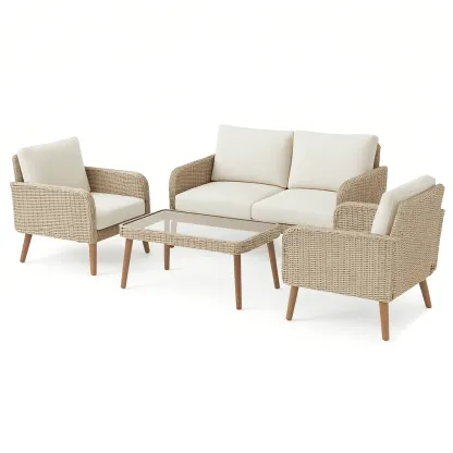 Conversation set Rattan Garden Sofa with Glass Top Table and Cushions Beige/Light Brown-Furnixio