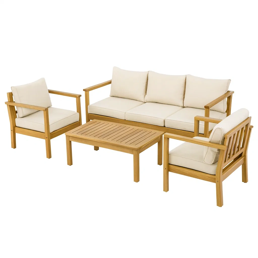 Conversation set Teak Wood Outdoor Sofa with Beige Cushions-Furnixio