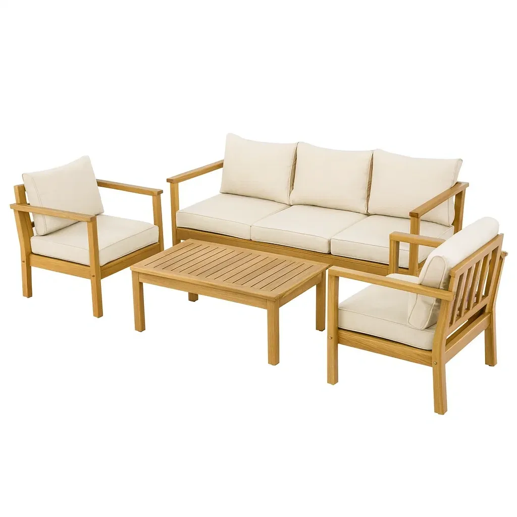 Conversation set Teak Wood Outdoor Sofa with Beige Cushions-Furnixio