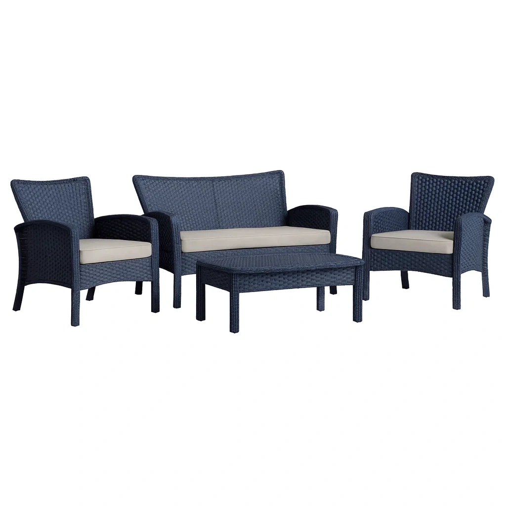Conversation set Blue Wicker Patio Furniture with Cushions-Furnixio