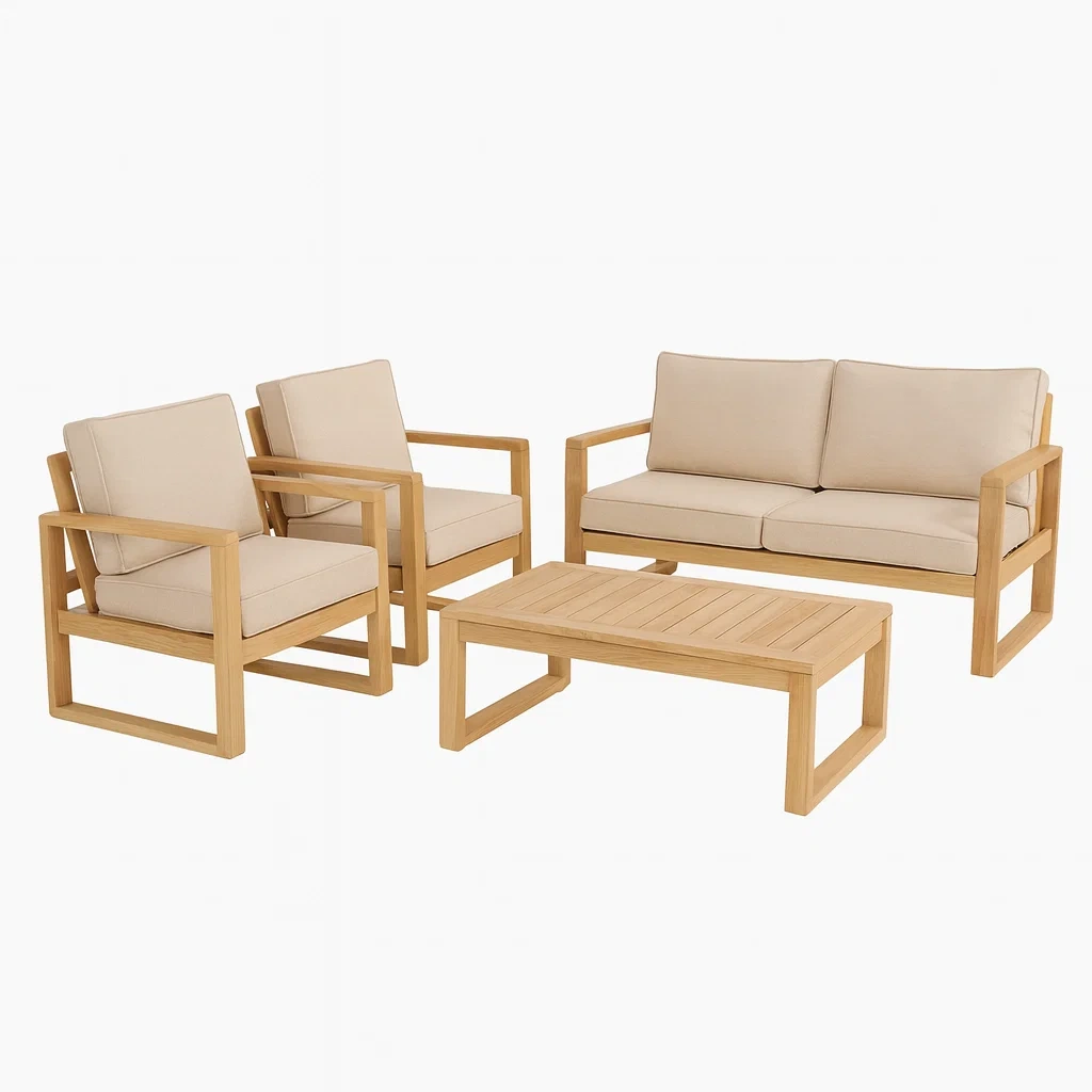 Conversation set Wooden Outdoor Furniture with Beige Cushions-Furnixio