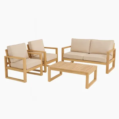 Conversation set Wooden Outdoor Furniture with Beige Cushions-Furnixio