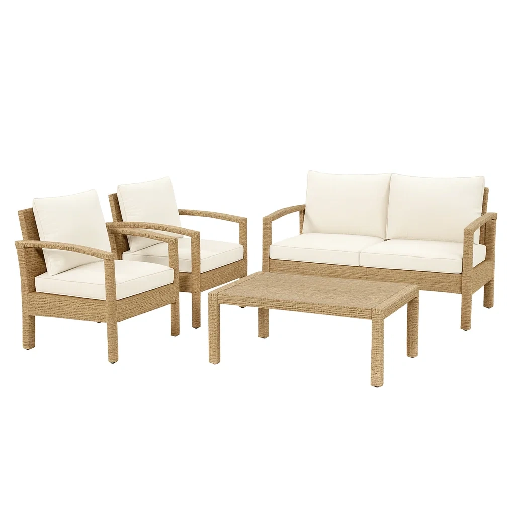 Conversation set Synthetic Rattan Outdoor Sofa with Cream Cushions-Furnixio