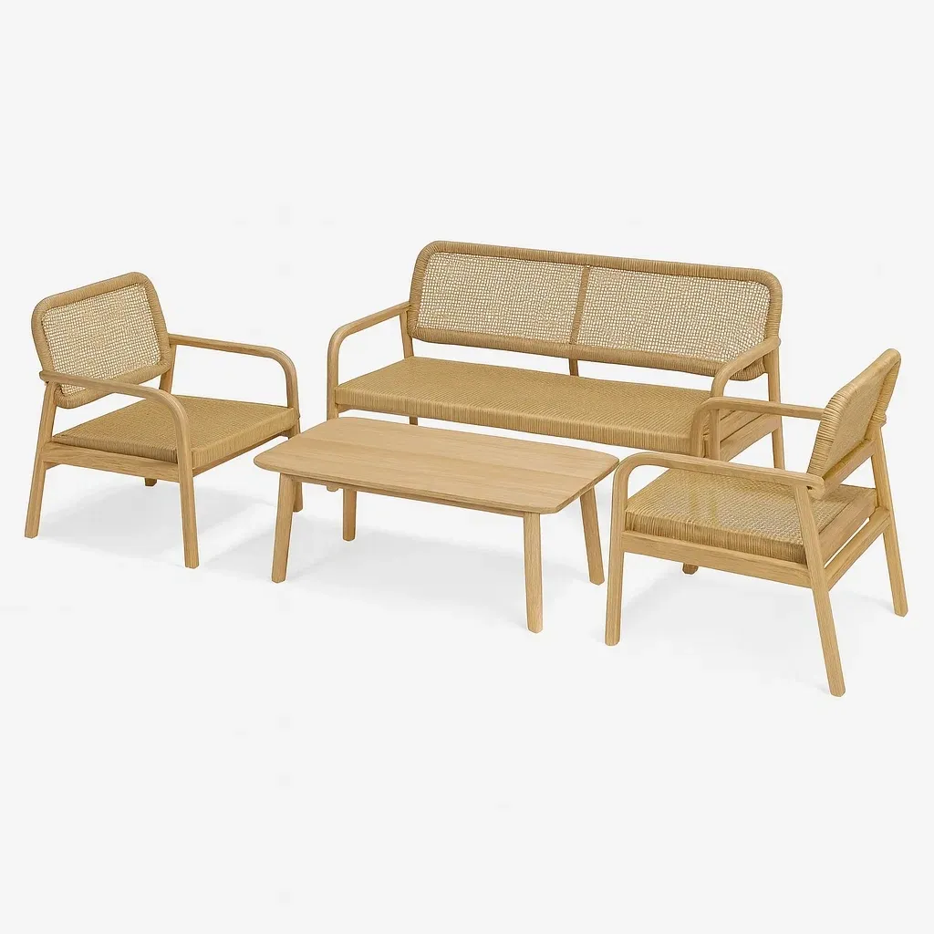 Conversation set Natural Wood 4-Piece Outdoor Furniture with Rattan Chairs and Coffee Table-Furnixio