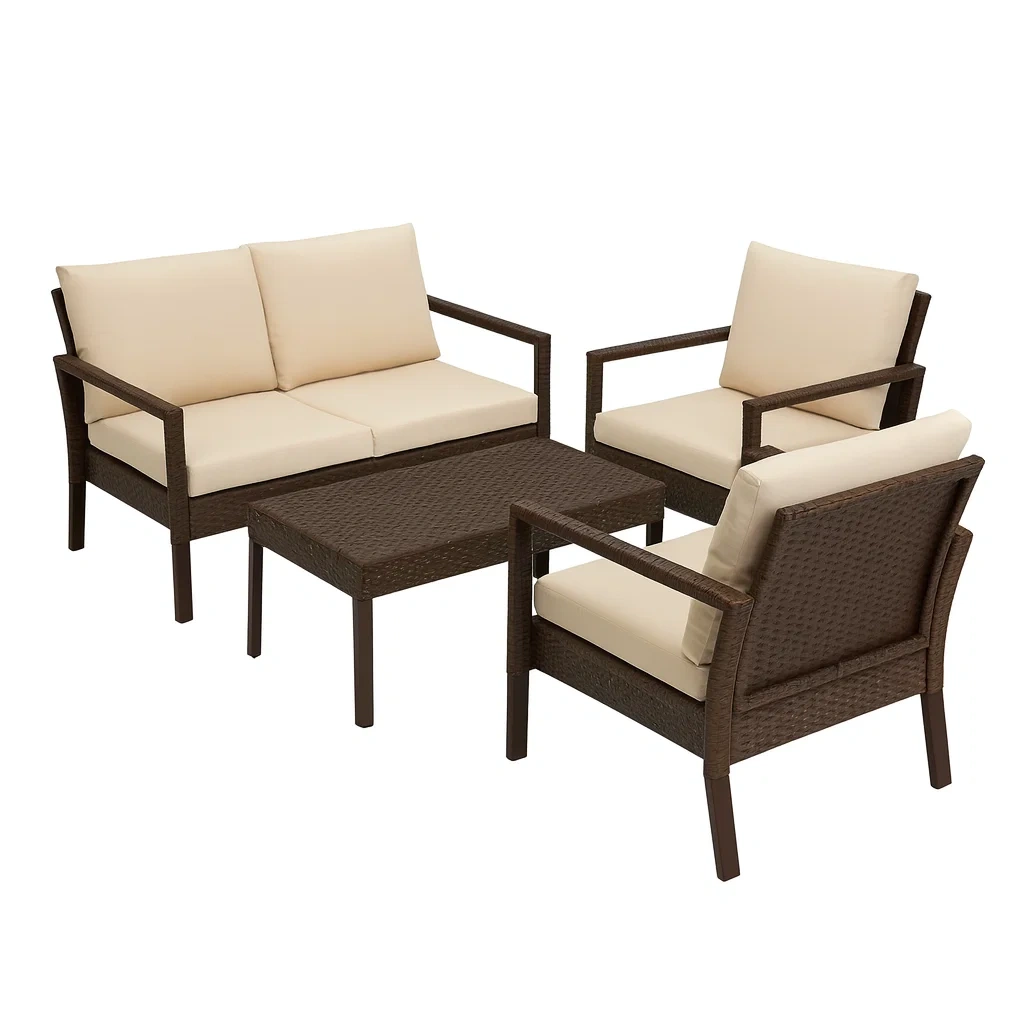Conversation set 4-Piece Brown PE Rattan Outdoor Furniture with Beige Cushions-Furnixio