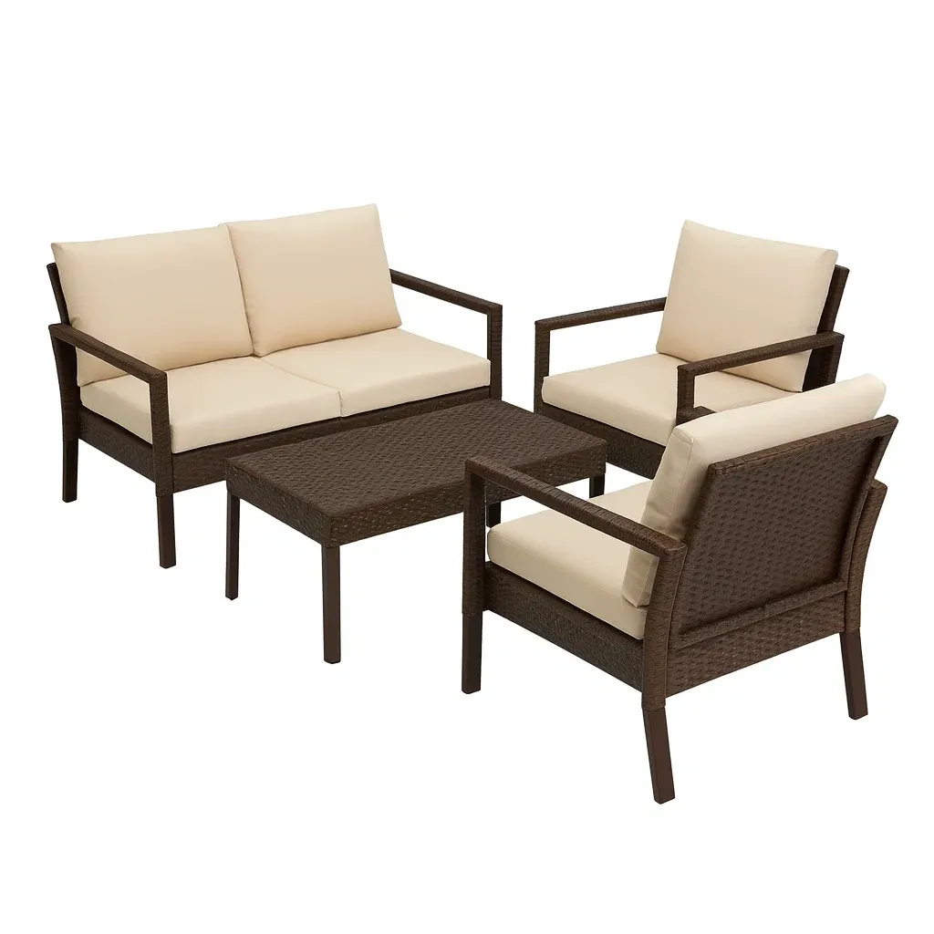 Conversation set 4-Piece Brown PE Rattan Outdoor Furniture with Beige Cushions-Furnixio