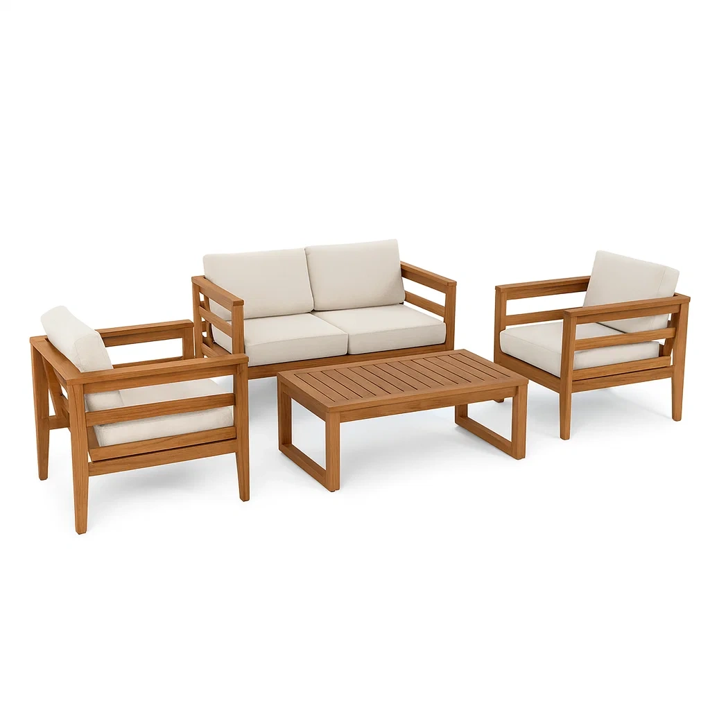 Conversation set 4-Piece Acacia Wood Garden Furniture with Beige Cushions - Sofa, Armchairs, Coffee Table-Furnixio
