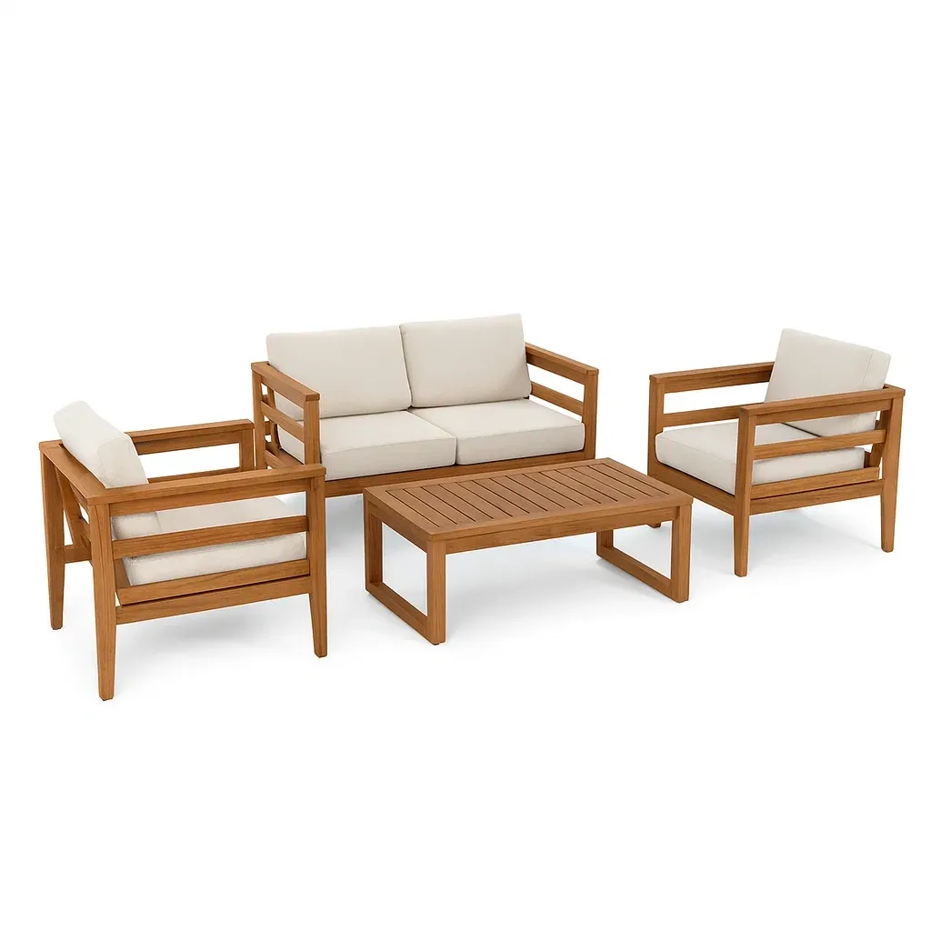 Conversation set 4-Piece Acacia Wood Garden Furniture with Beige Cushions - Sofa, Armchairs, Coffee Table-Furnixio