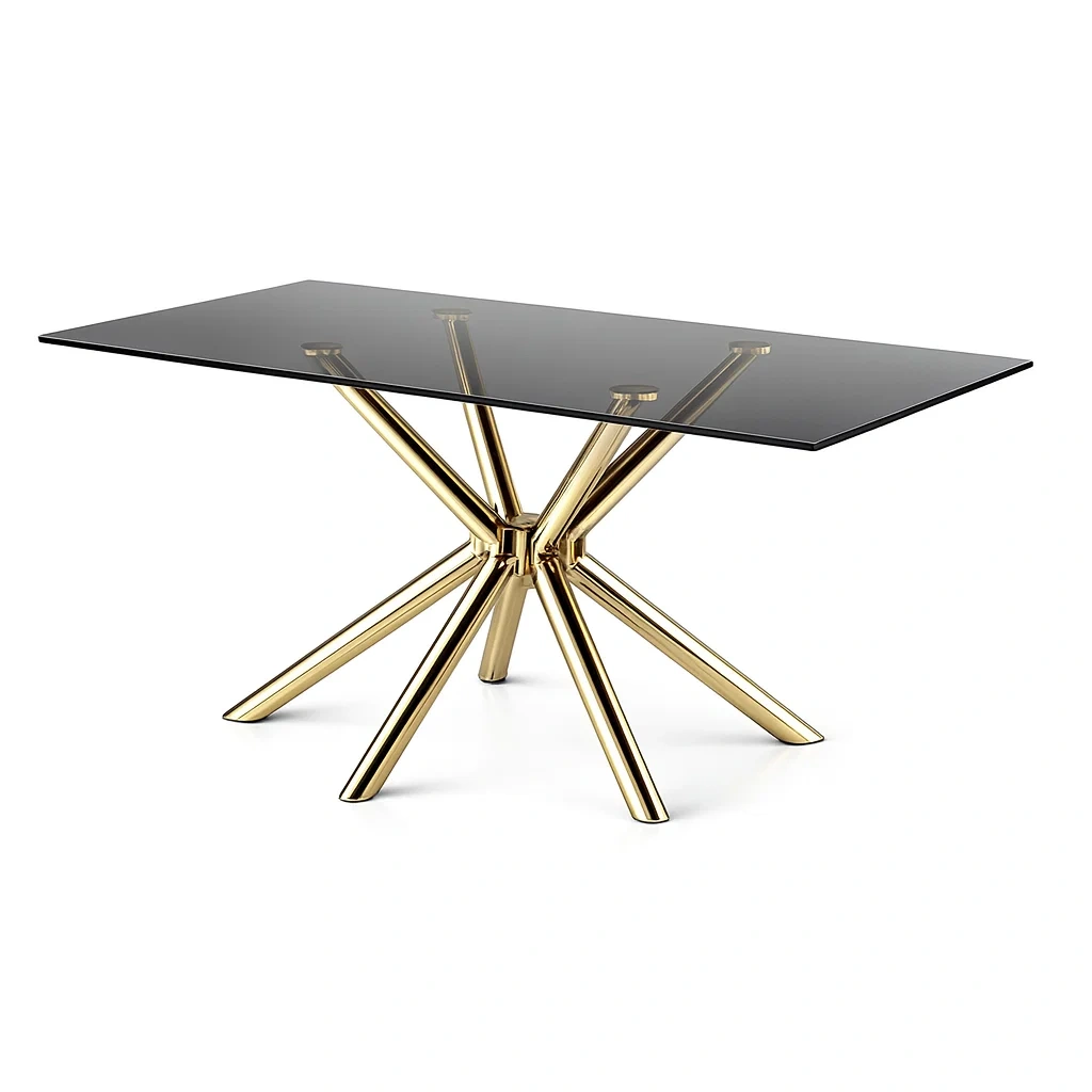 Dining table Rectangular Gold Steel Base with Black Tempered Glass Top-Furnixio