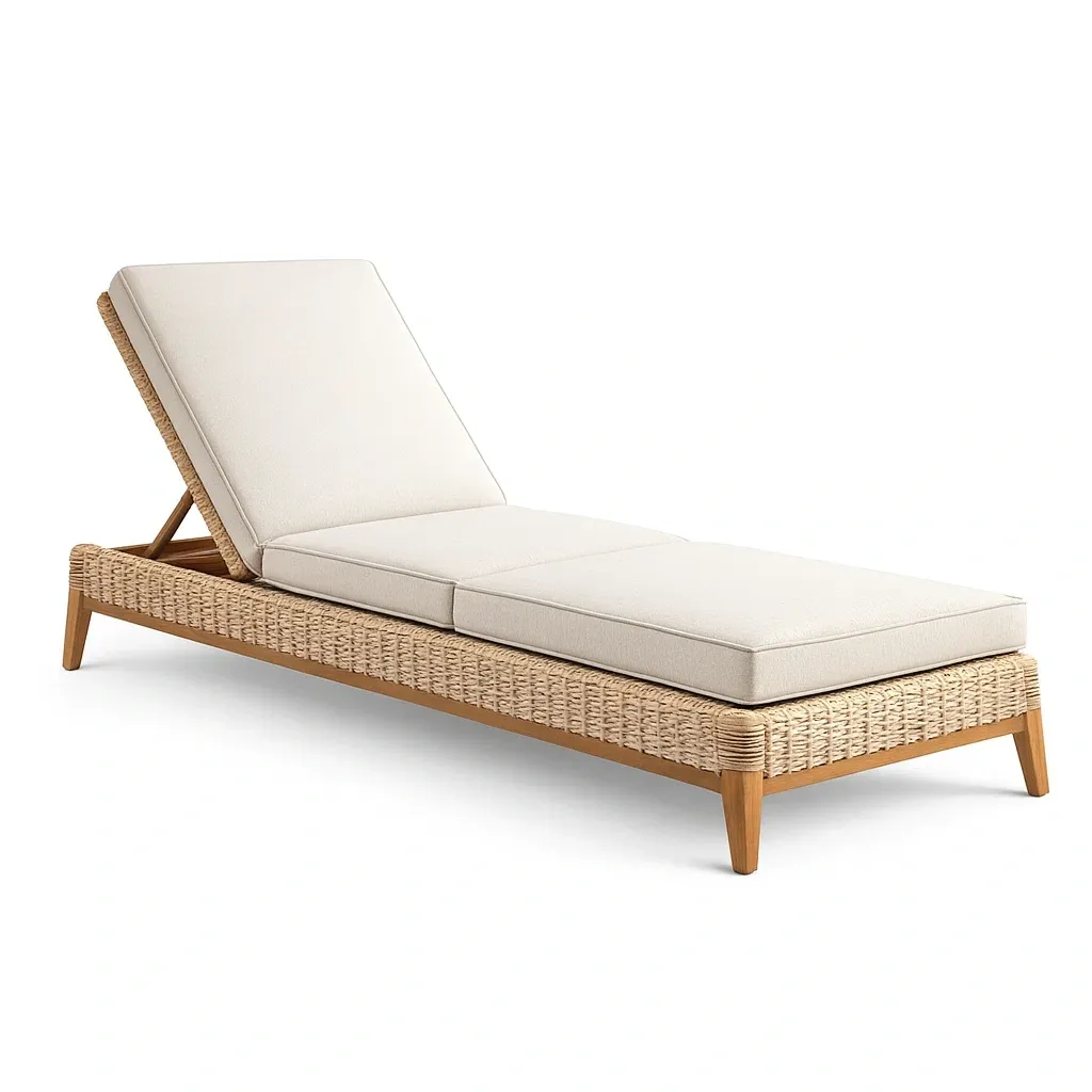 Chaise Lounge  Rattan and Wood with Beige Polyester Cushions-Furnixio